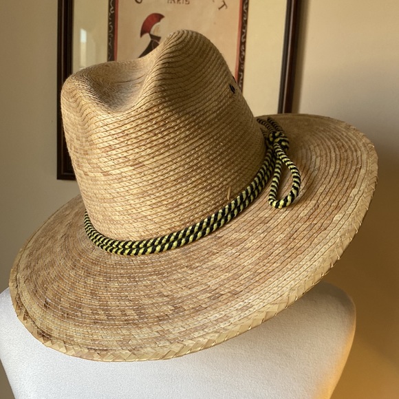 Straw Fedora Style Hat w/Green & Black Rope Hat Band Size: 6 7/8” - Picture 5 of 7